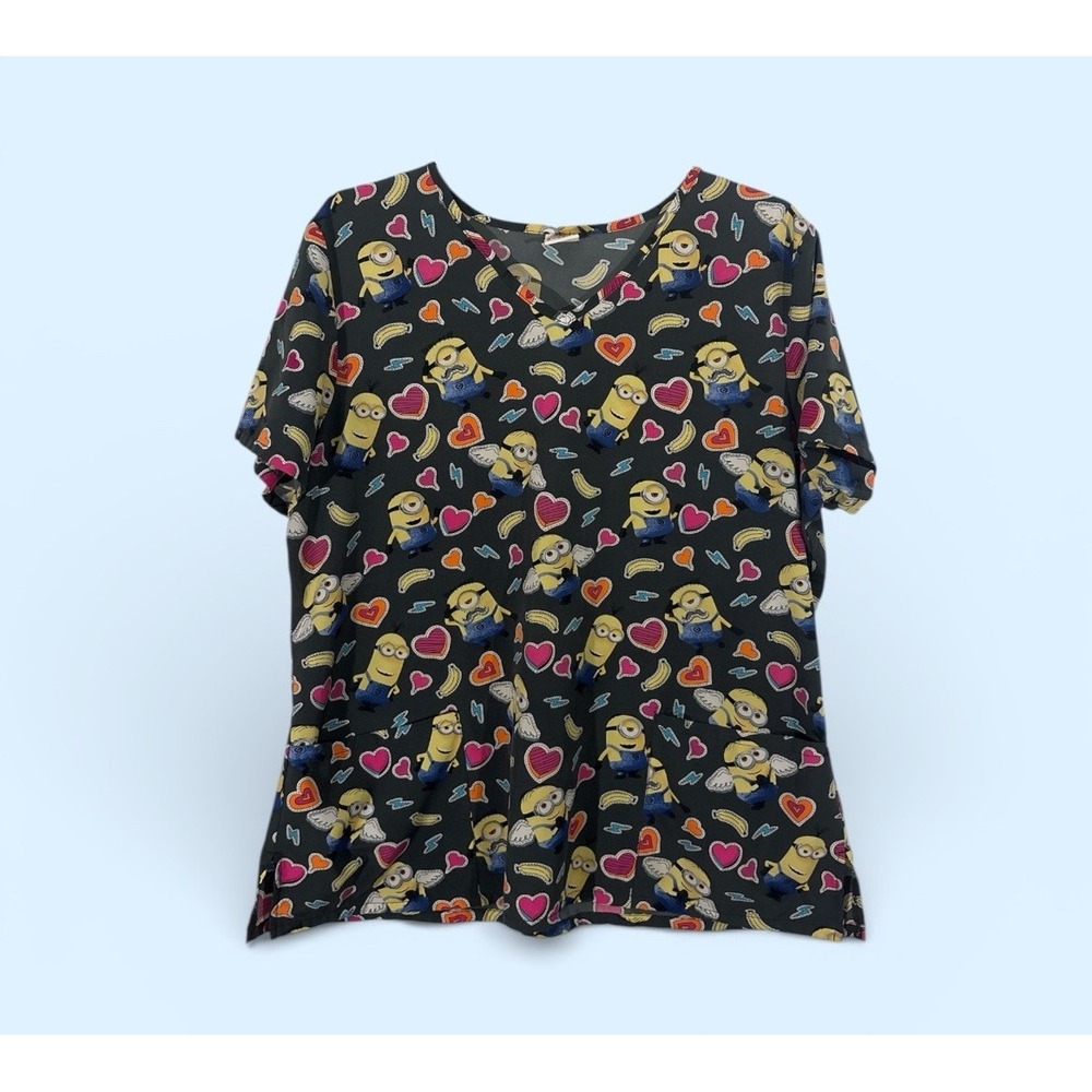 Despicable‎ ME Minions Print Nurses Scrub Top Womens 2XL Black V-Neck Pockets